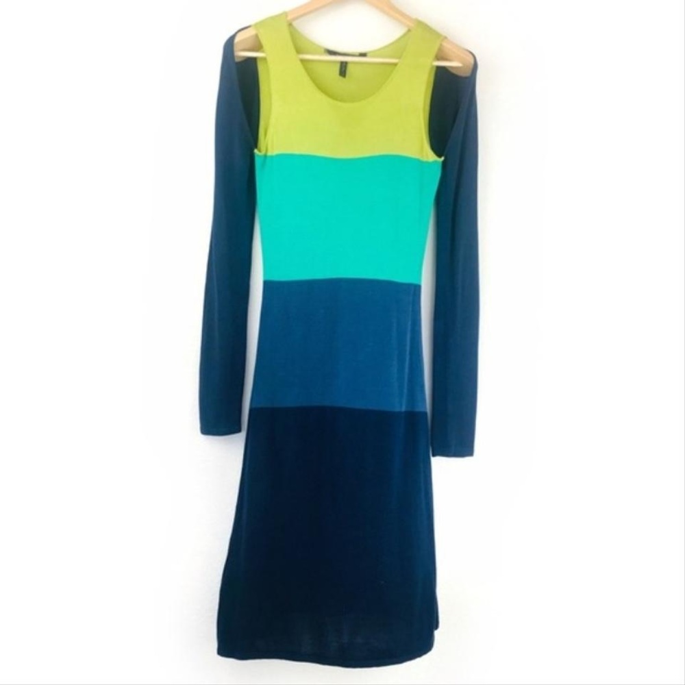 BCBGMAXAZRIA Blue Green Nomia Silk Cutout Knit Maxi Cocktail Dress Sz M
